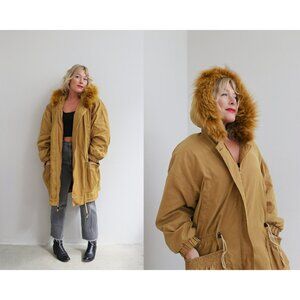 1980's Vintage John Weitz Chartreuse Fox Fur Parka Women's Medium to Large MD LG